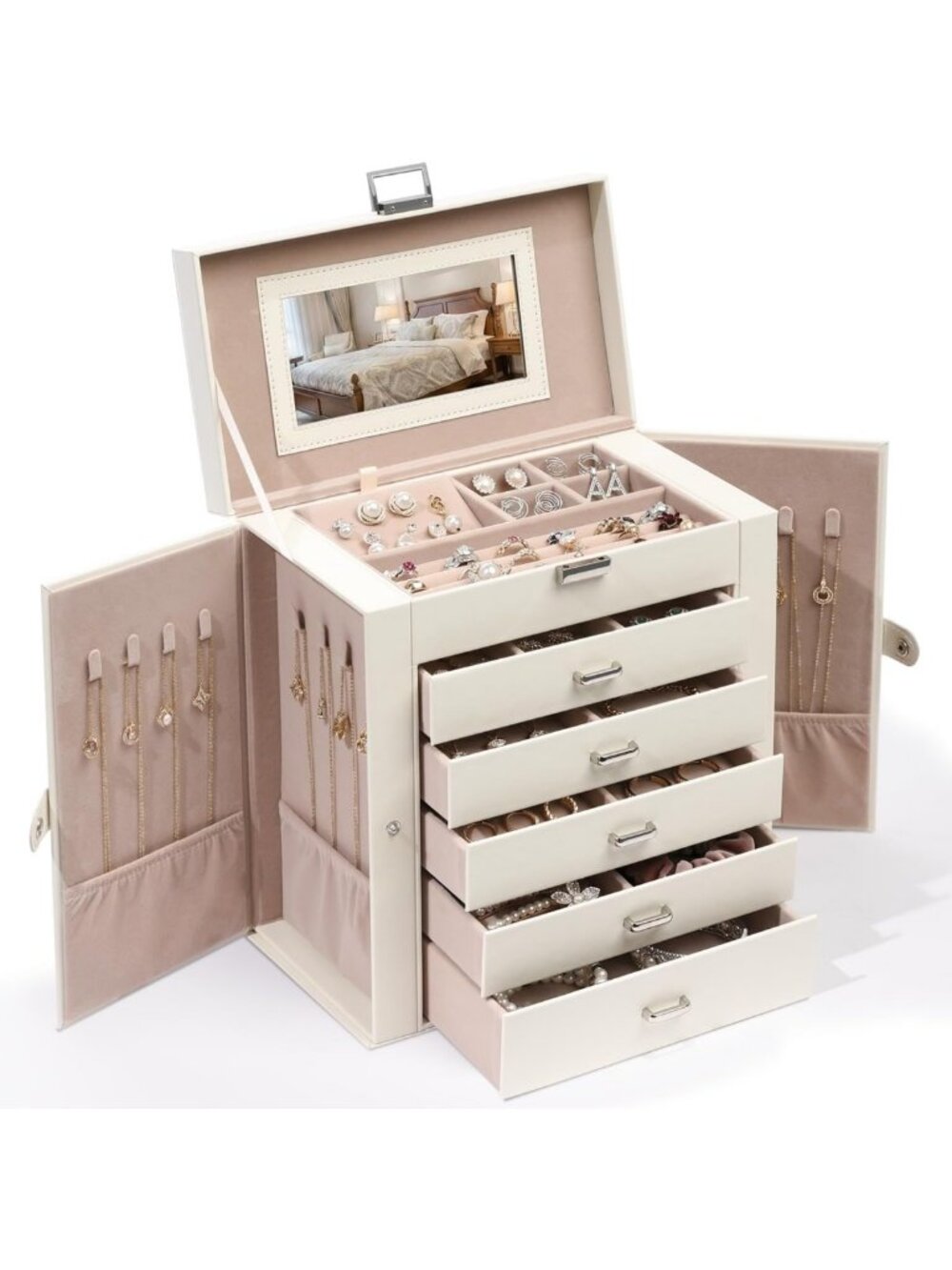Stylish 6-Layer Jewelry Box with 5 Drawers & Necklace Organizer for Women